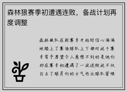 森林狼赛季初遭遇连败，备战计划再度调整