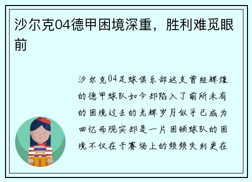 沙尔克04德甲困境深重，胜利难觅眼前