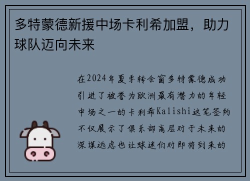 多特蒙德新援中场卡利希加盟，助力球队迈向未来